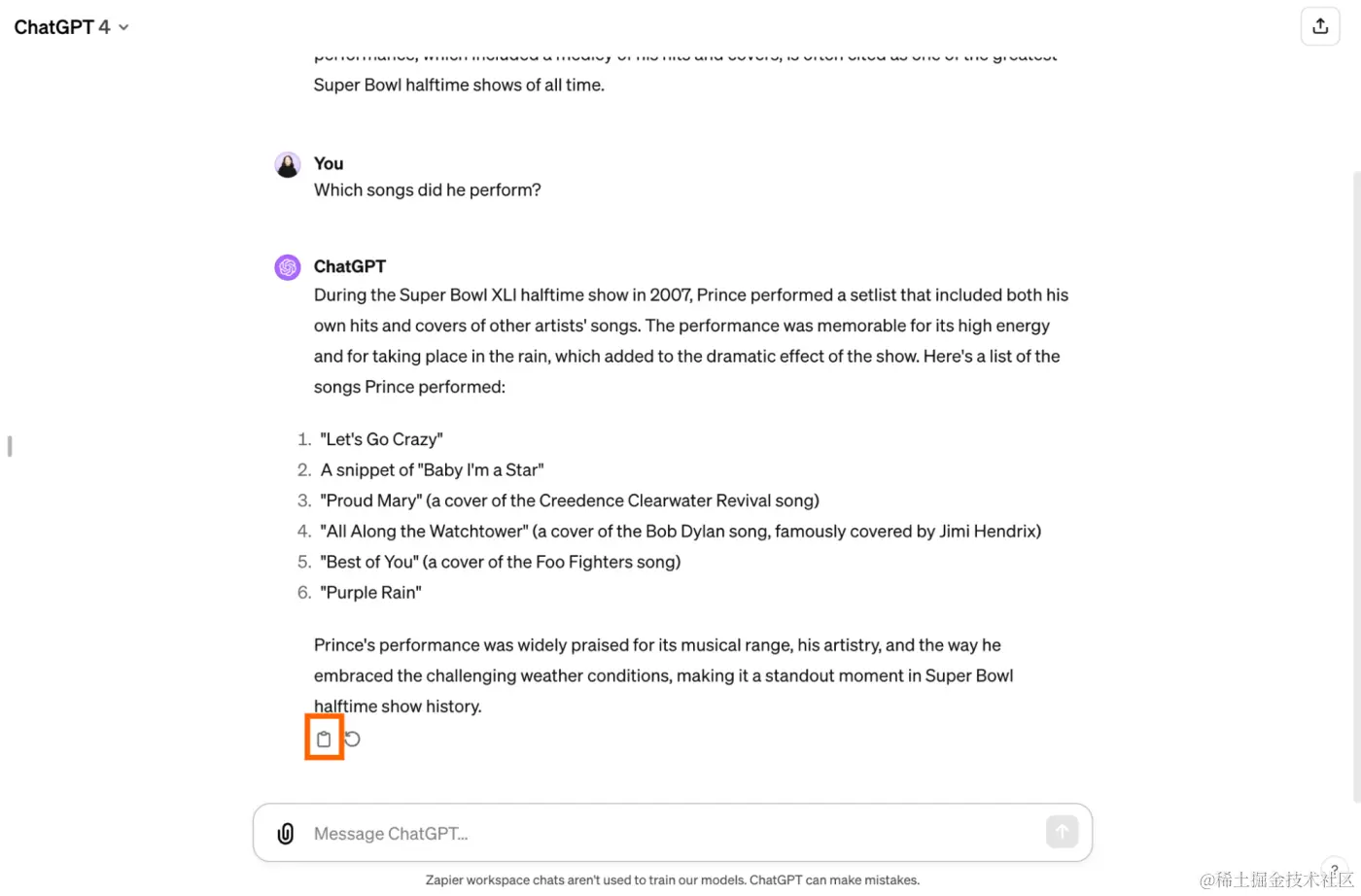 ChatGPT conversation with the clipboard icon highlighted. 