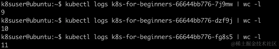 图 2.16：获取运行我们应用程序的三个 pod 副本的日志