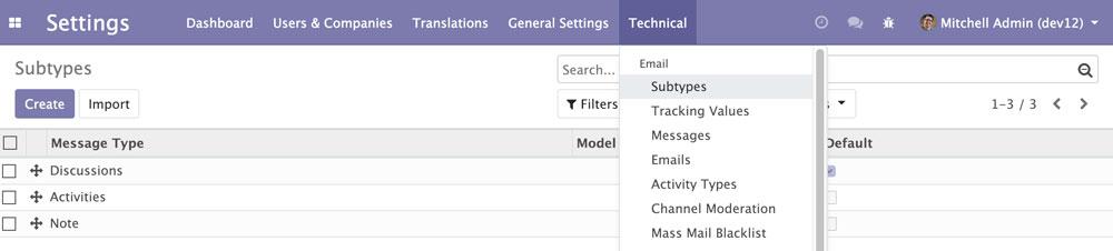 Odoo 12消息子类型