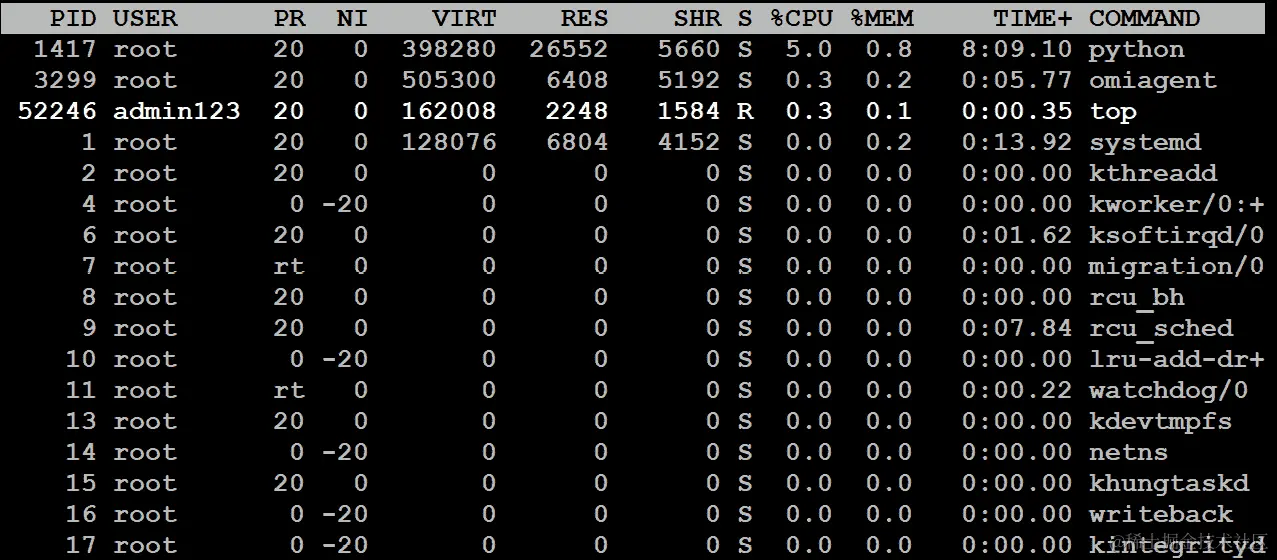 从 top 命令获取的输出的底部条目