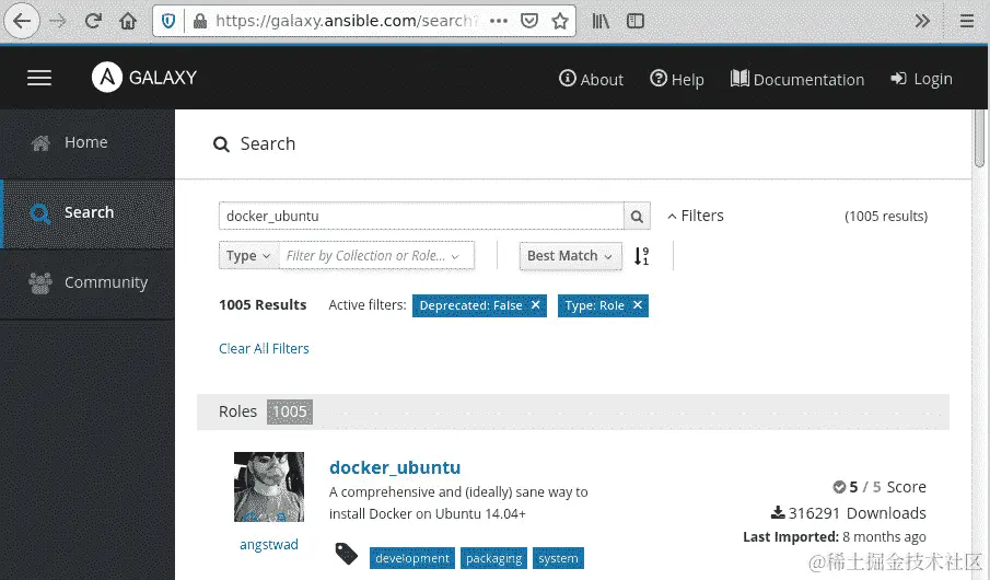 图 8.22 - 在 Ansible Galaxy 上找到一个示例社区贡献的角色