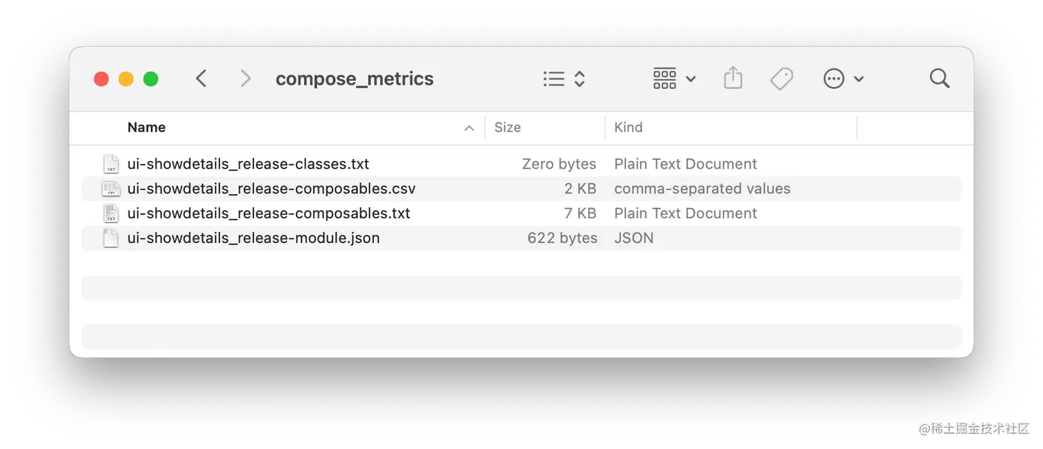 The output of the Compose Compiler Metrics