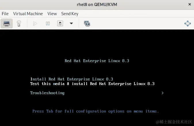 图 1.16 – RHEL8 安装的初始启动屏幕，选择安装