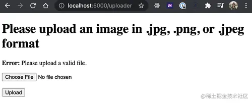 localhost page with error message saying "please upload a valid file"