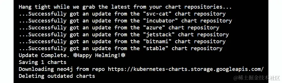 为了使依赖图表可用，输出屏幕将显示成功接收来自 svc-cat、incubator、azure、jetstack、bitnami 和 stable 等四个依赖项更新的单独消息。