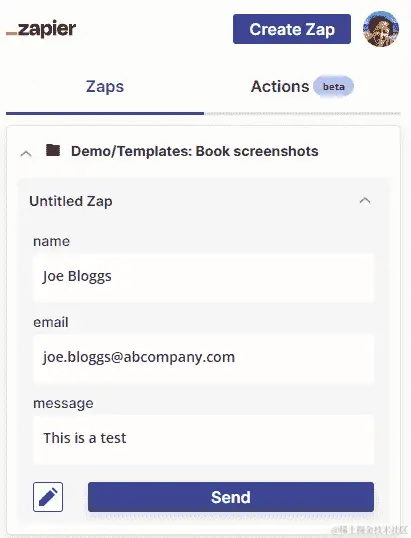 图 10.2 – ﻿在浏览器中使用 Zapier Chrome 扩展概览，并使用 New Push 触发事件