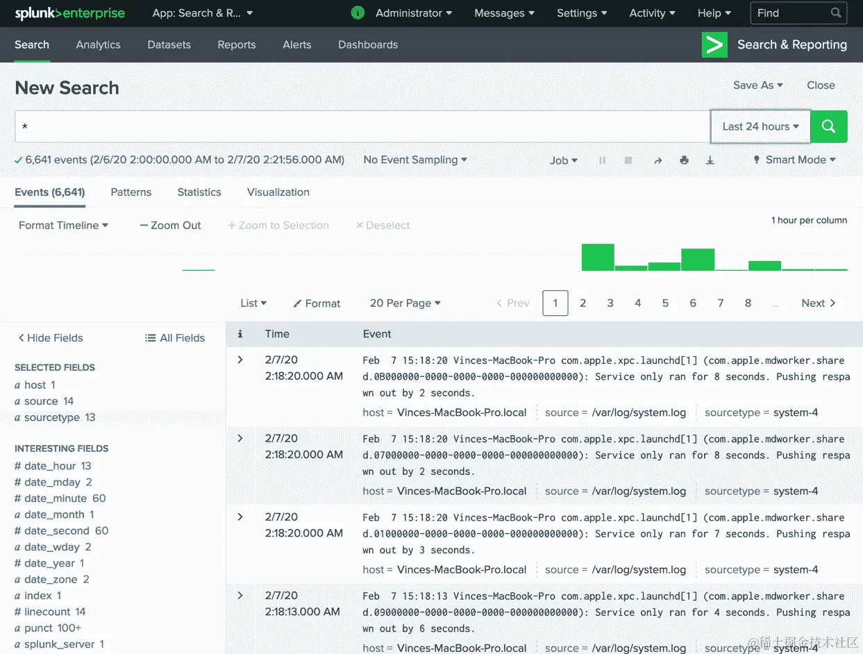 图 14.6：Splunk 搜索窗口，显示来自我们的转发器的数据