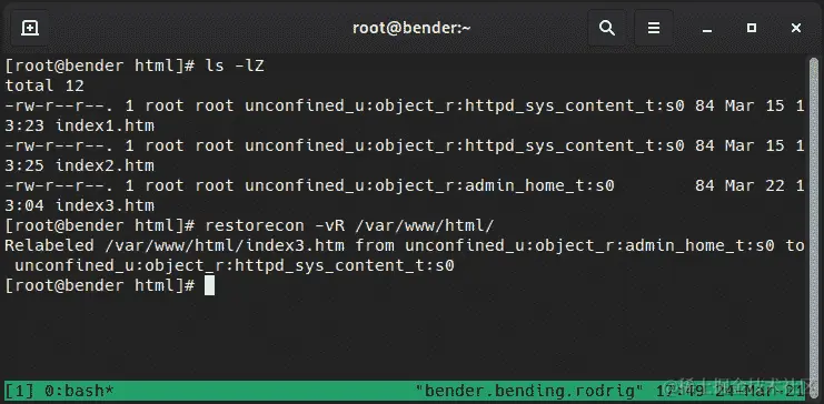 图 10.9 – 使用 restorecon 恢复上下文
