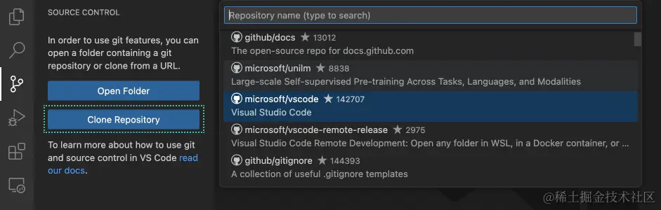 Screenshot of the Clone Repository quick prompt, searching for repositories with the name vscode