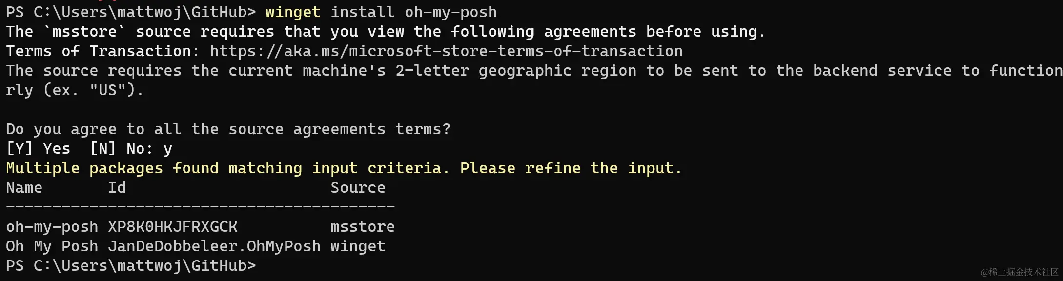 Screenshot of winget install oh my posh packages.