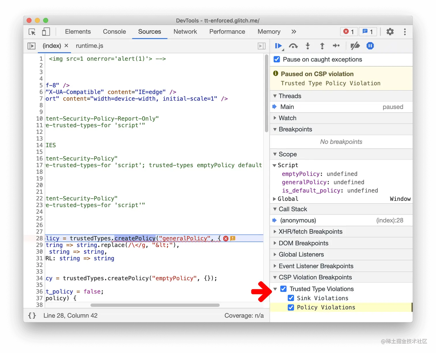 Breakpoint on Trusted Type violations