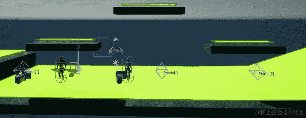 图 13.28：示例巡逻点路径，如图所示在 SideScroller.umap 示例级别中