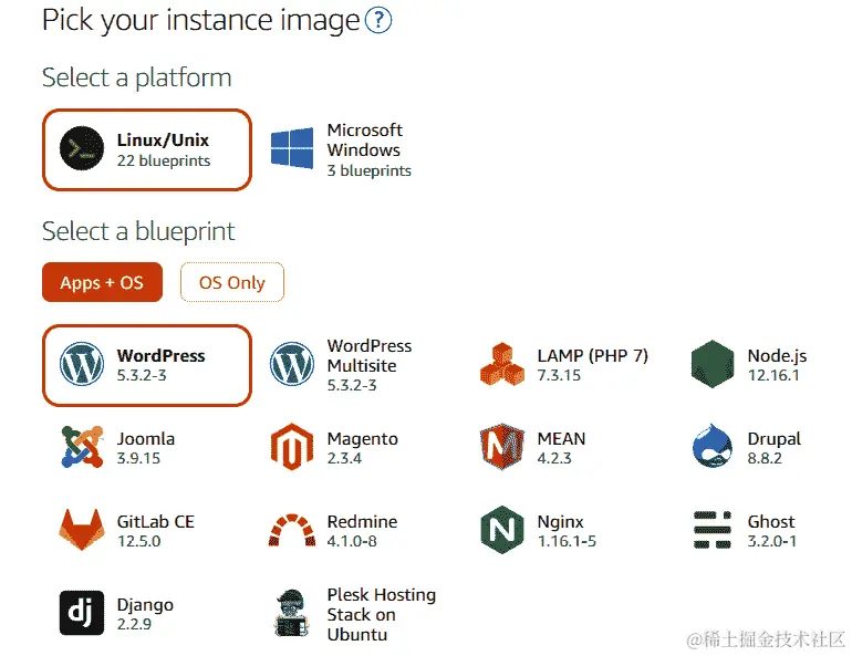 图 9.4 - 选择我们的 Lightsail 镜像，带有 WordPress 和 Linux