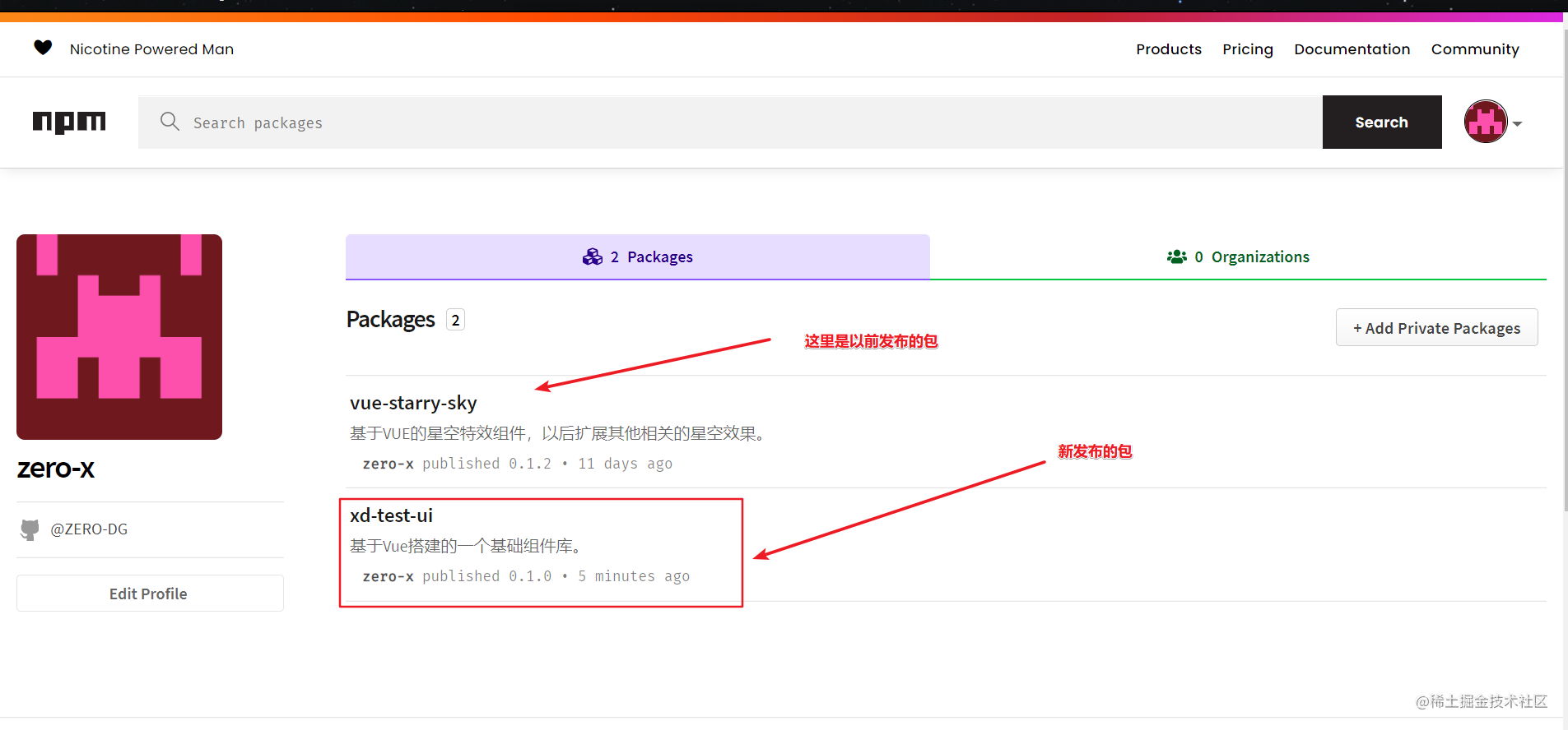 npm官网查看发布的包