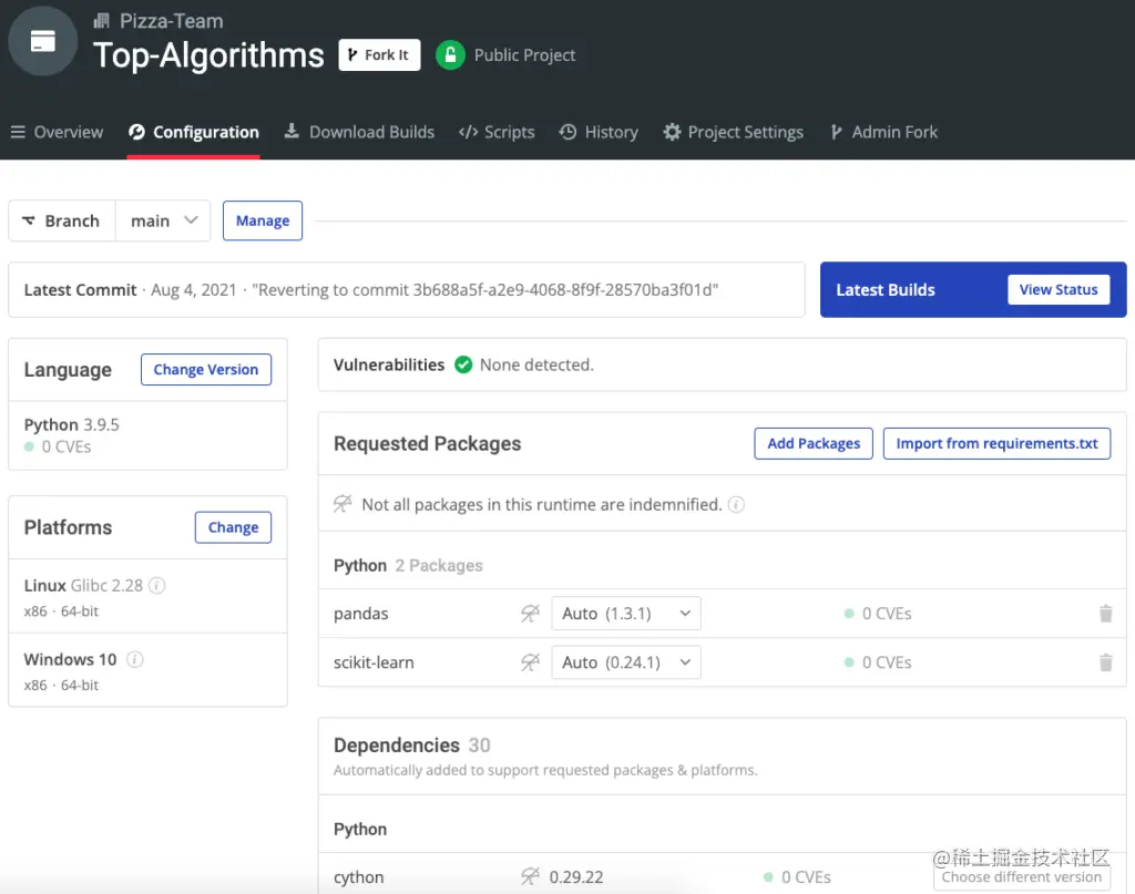 Top Algorithms Configuration