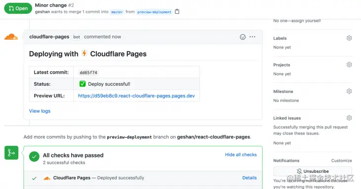 Screenshot of Github repo with comment by Cloudflare pages stating successful deployment