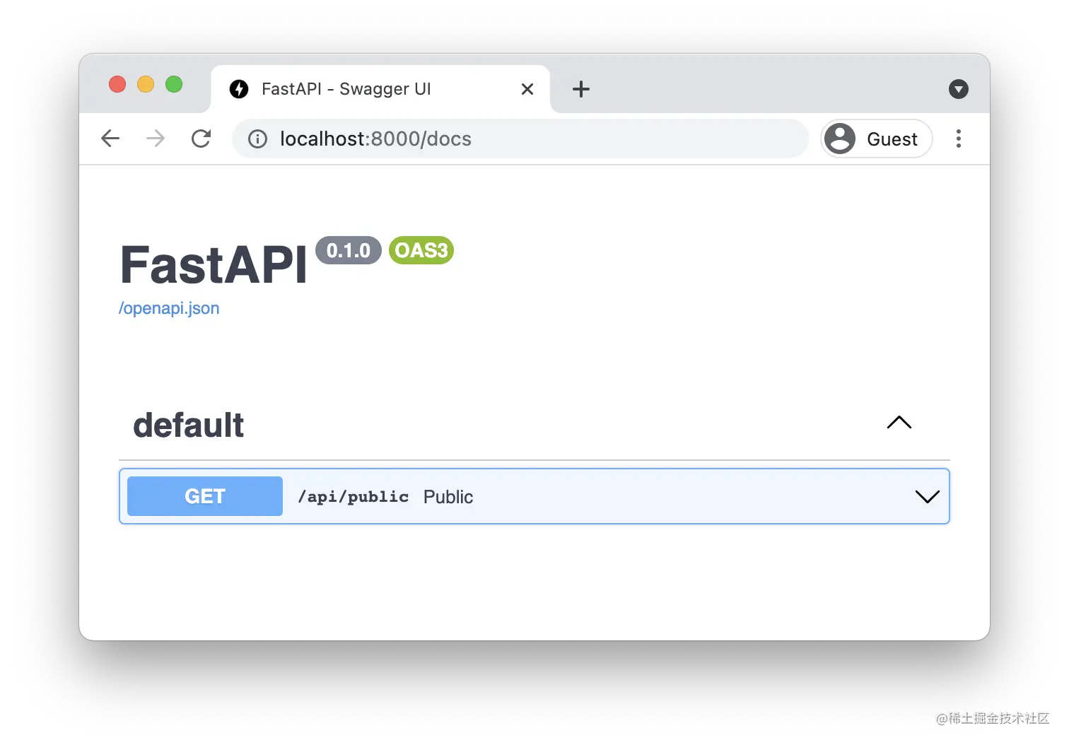 FastAPI documentation page showing the public endpoint