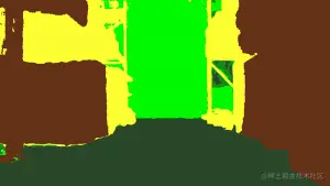GIF of proximity segmentation on warehouse video, with people pushing carts and robotic sorters.