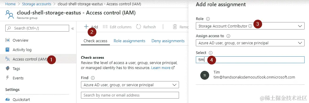 导航到访问控制（IAM）窗口，然后单击添加按钮。然后，将 Contributor 角色授予我们新创建的用户。