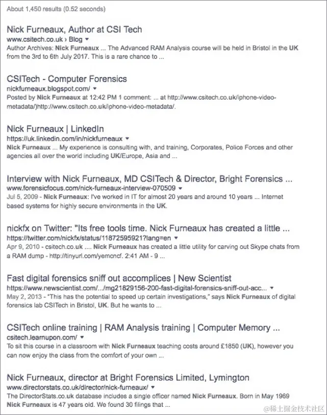 谷歌页面截图，显示输入搜索词“intext:“Nick Furneaux” intext:UK”后，显示尼克·费尔诺的更多附加信息。