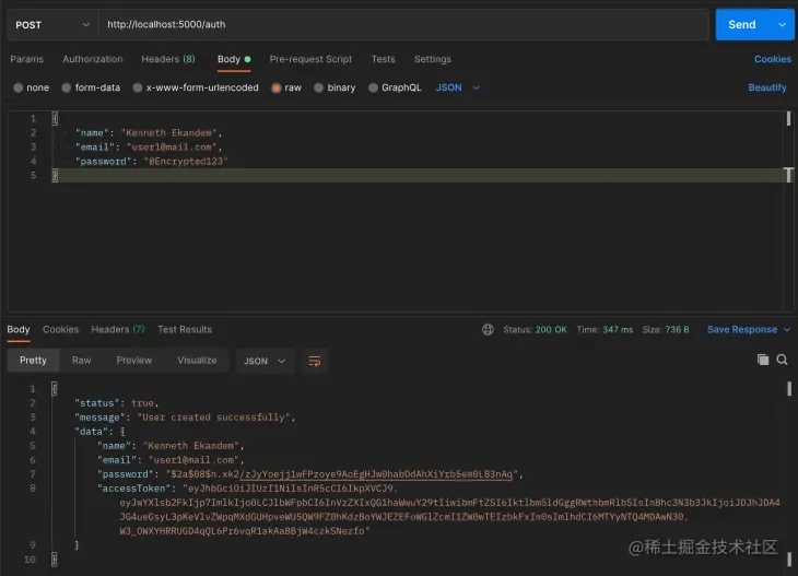 Screenshot of successful register test in Postman