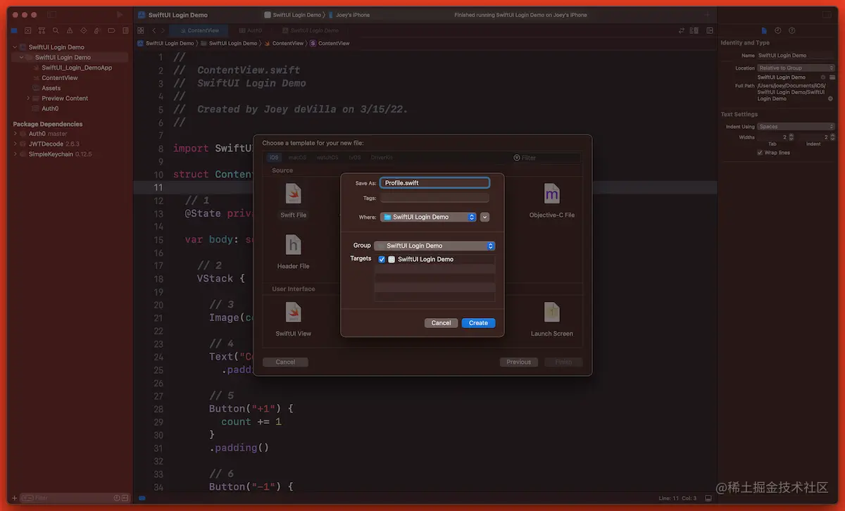 Xcode screenshot, showing the “Save” dialog box for the Swift file.