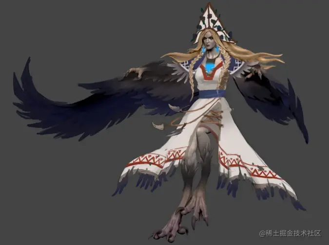 羽毛的边缘替换成了蓝色，匹配腰带和布料边缘的颜色