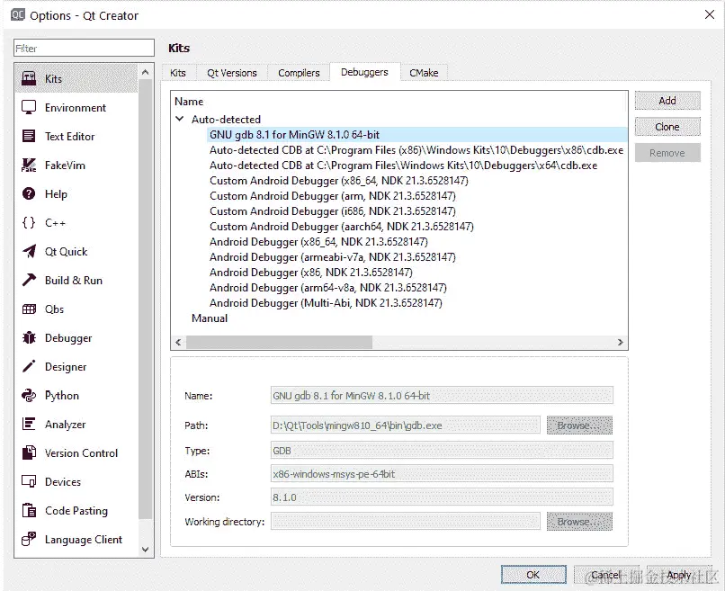 图 9.1 - 选取屏幕下的调试器选项卡显示添加按钮