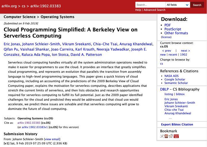 Cloud Programming Simplified: A Berkeley View on Serverless Computing