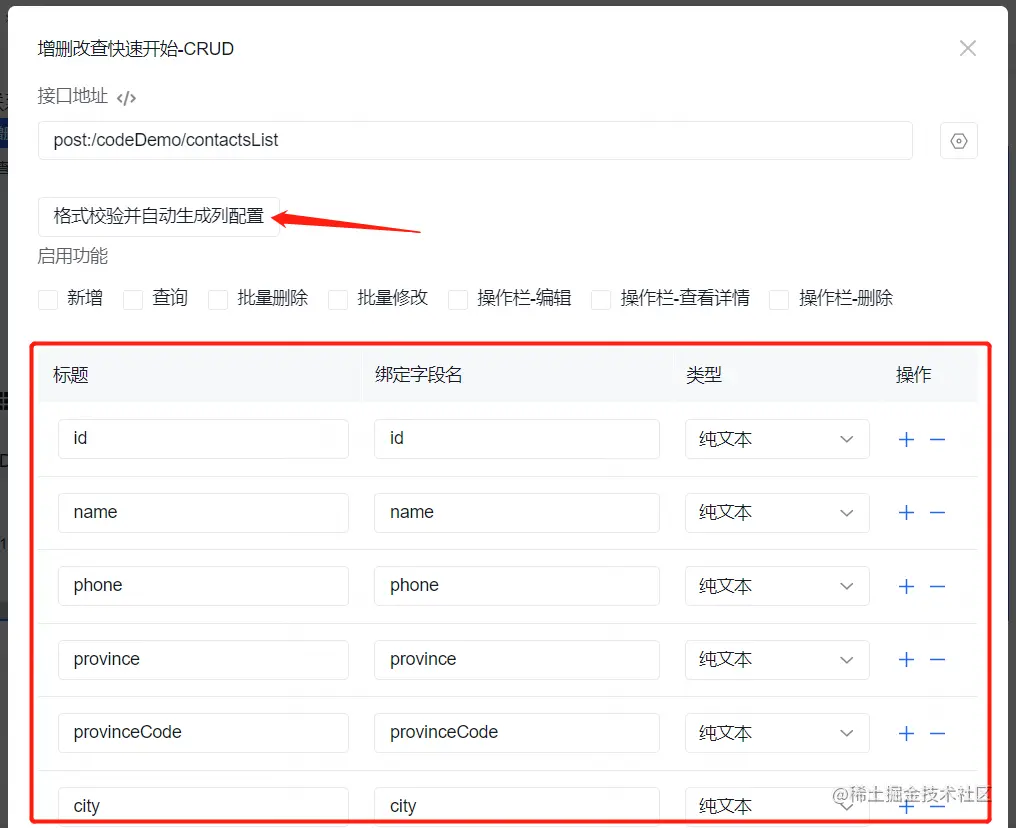 格式校验并自动生成列配置