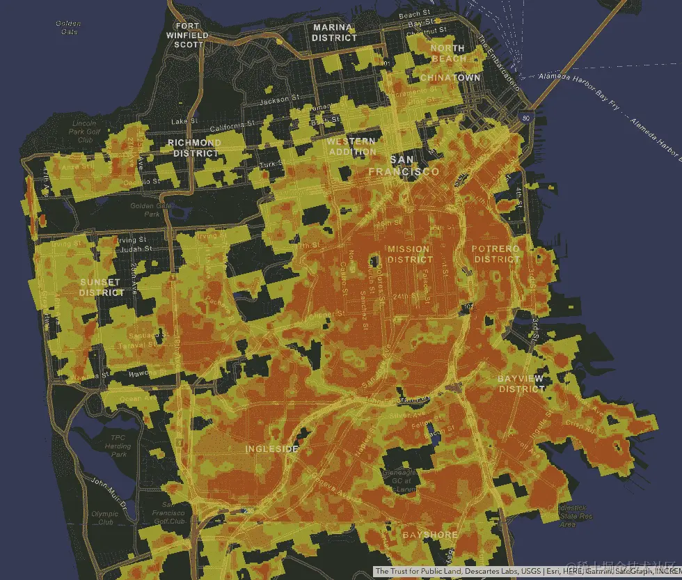 旧金山的城市热岛，由 ArcGIS Online 生成