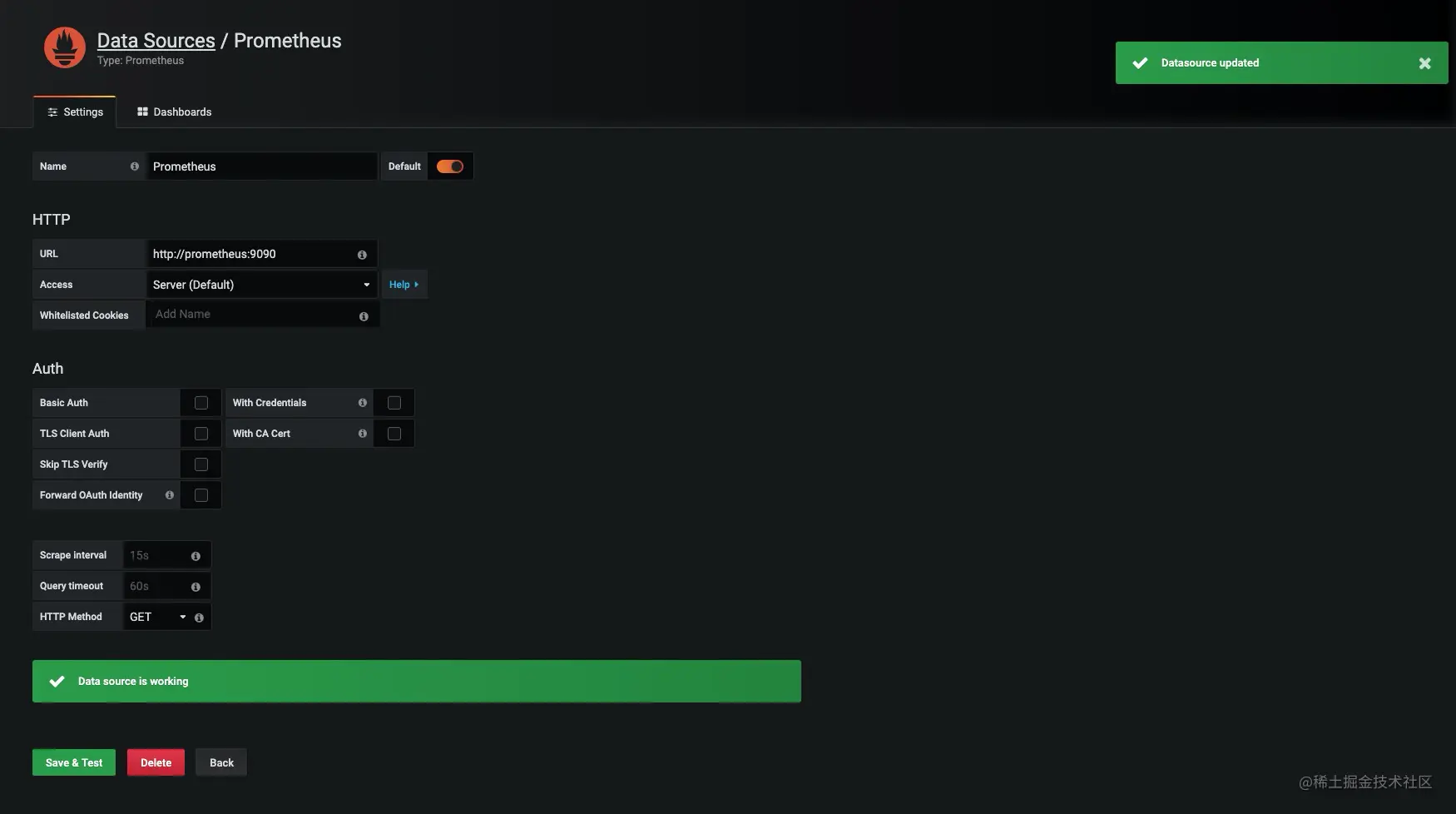 Grafana 保存数据源并测试连接性