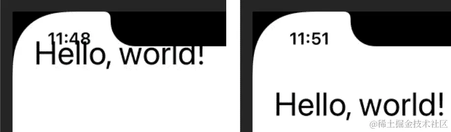图 4.1 - 显示允许状态栏和相机凹口的内容的前后截图