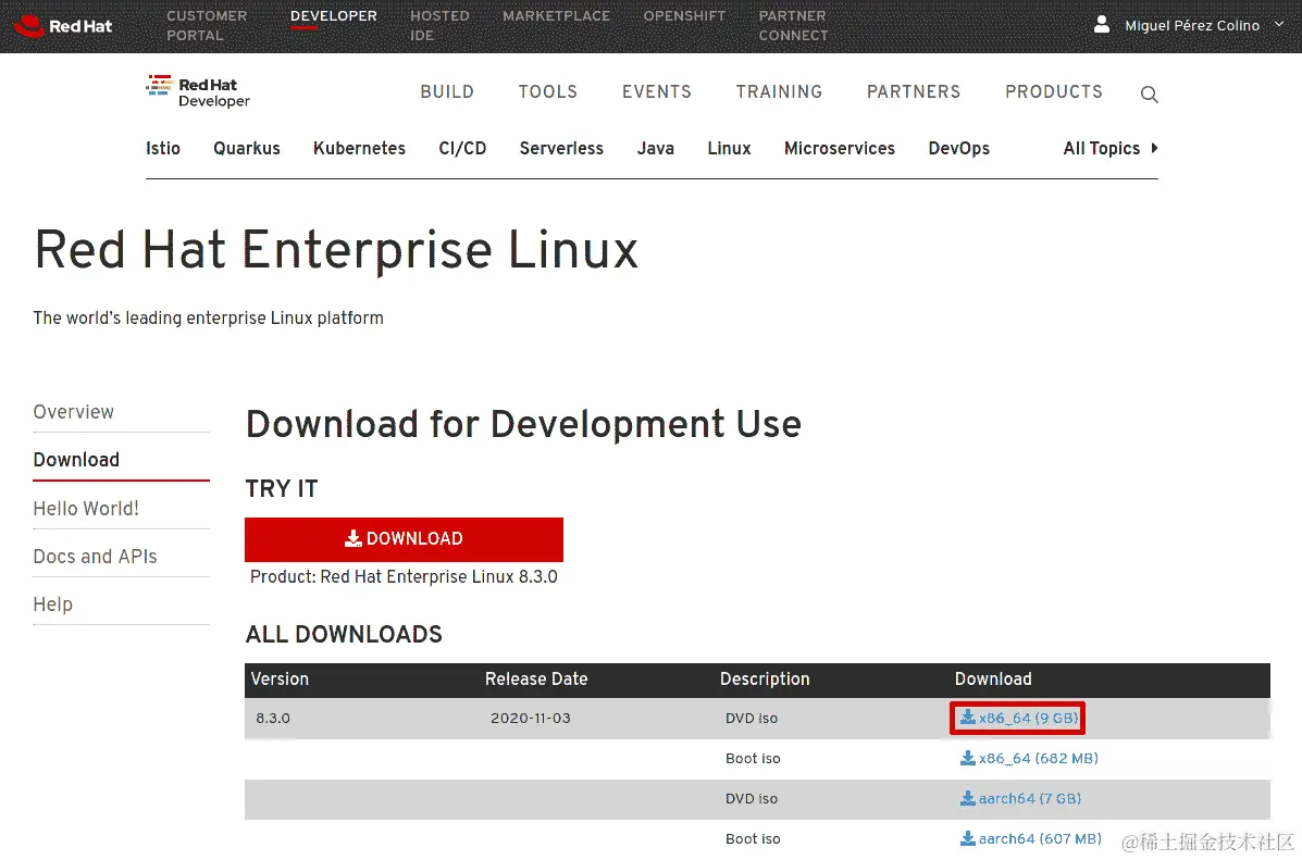 图 1.5 - 选择 x86_64 的 RHEL8 ISO 下载