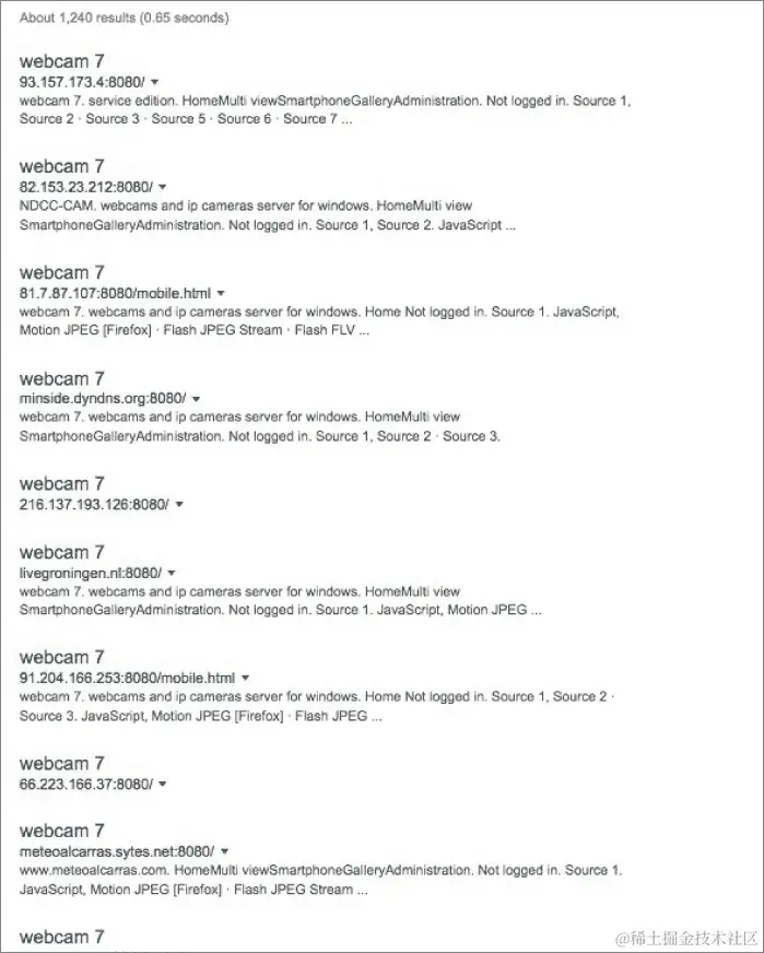 屏幕截图显示了搜索 intitle:“Webcam 7” inurl:8080 -intext:8080 的谷歌页面的结果。