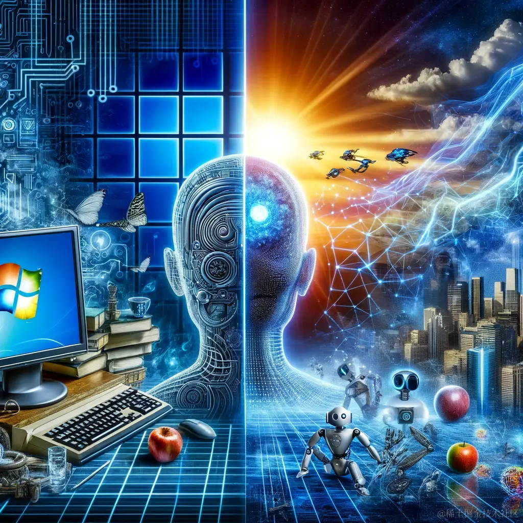 DALL·E 2023-11-20 21.58.36 - A conceptual image depicting the evolution of technology from the era of desktop operating systems to the era of artificial intelligence. The left sid.png