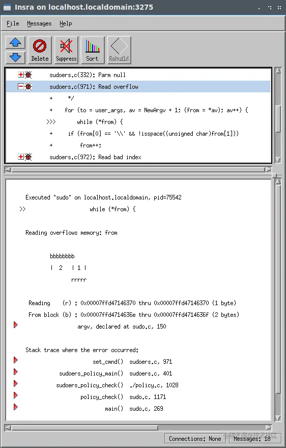 Insure++ sudoers.c(971)读溢出的CVE-2021-3156的屏幕截图