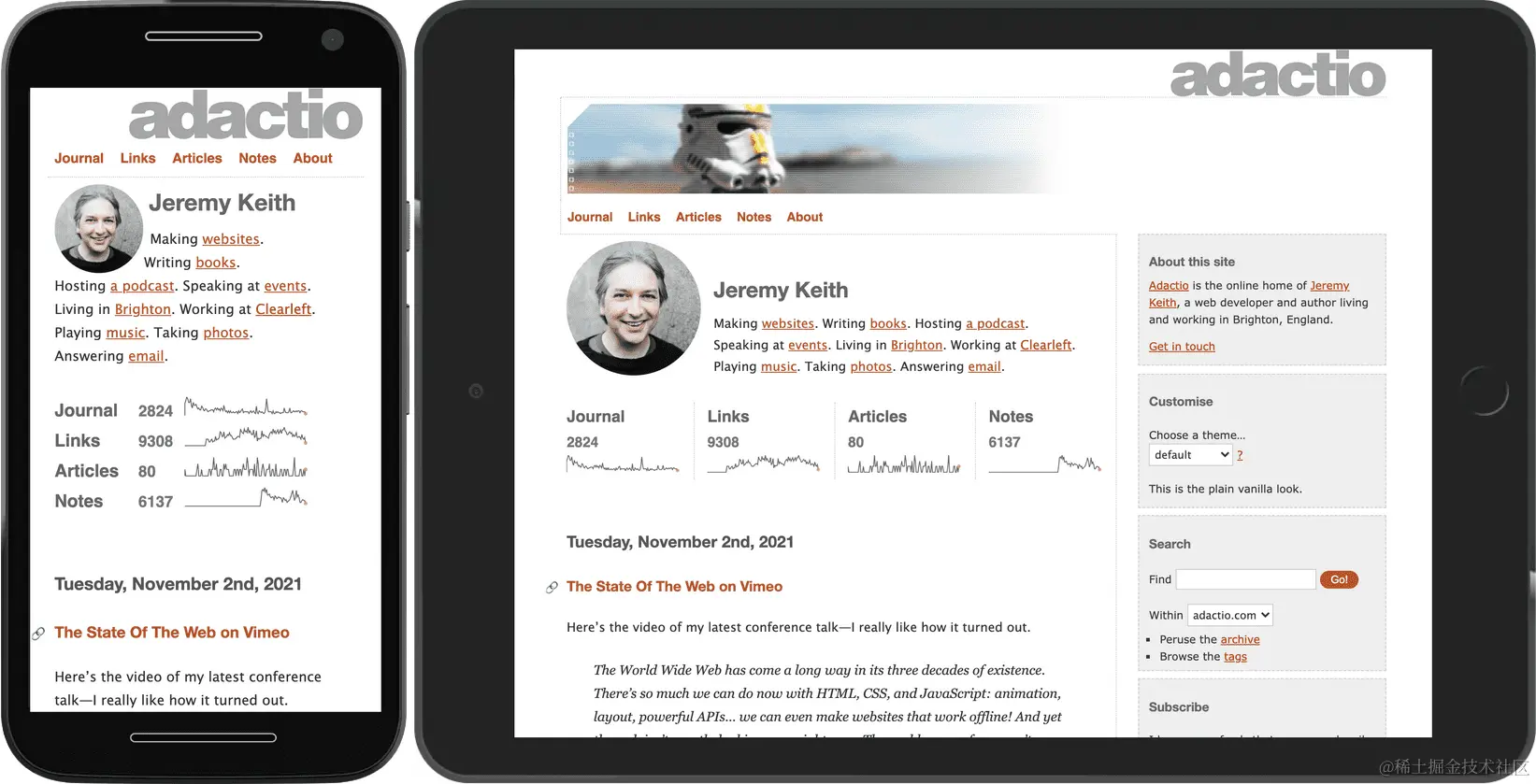 同一个网站，包含 5 个导航链接，分别在移动浏览器和平板电脑浏览器中查看。导航界面会在两台设备上显示。