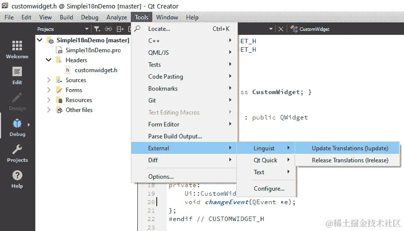图 11.3 - Qt Creator 中的 Qt 语言家选项