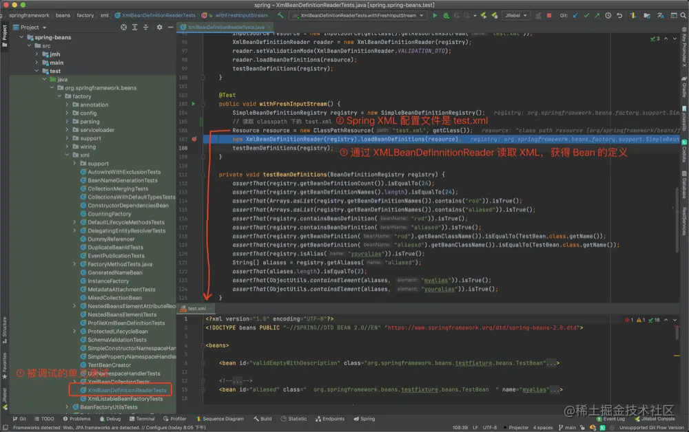 调试 XmlBeanDefinitionReaderTests 类