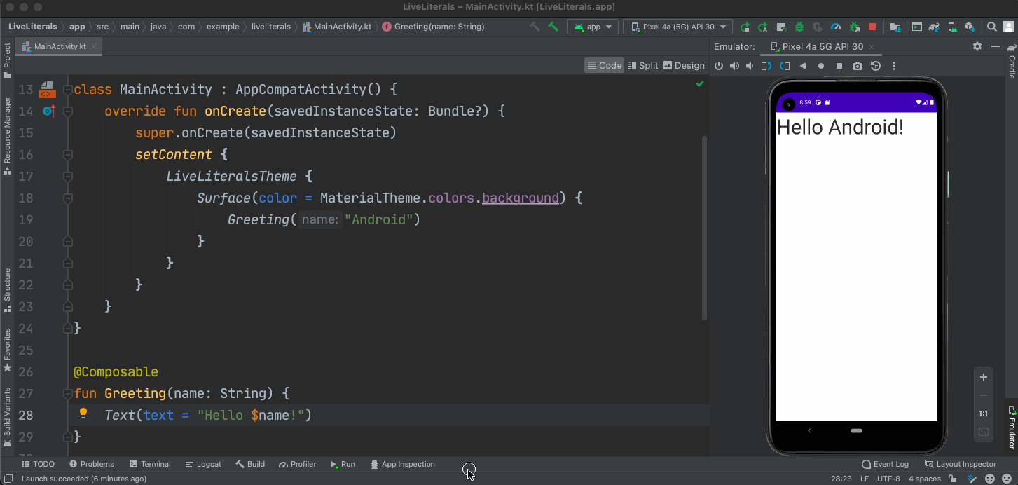 Android Emulator 上的 Live Literals (实时文字)
