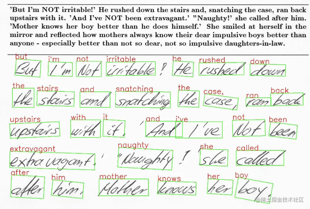 The predicted output from OCDNet and OCRNet on a sample handwritten image, with bounding boxes around words such as ‘stairs’ and ‘rushed.’
