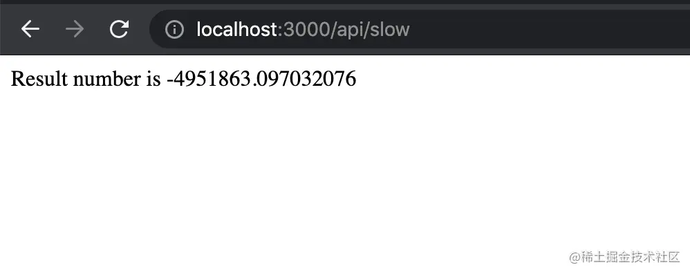 Screenshot of previously calculated number on port 3000 with "API slow" 