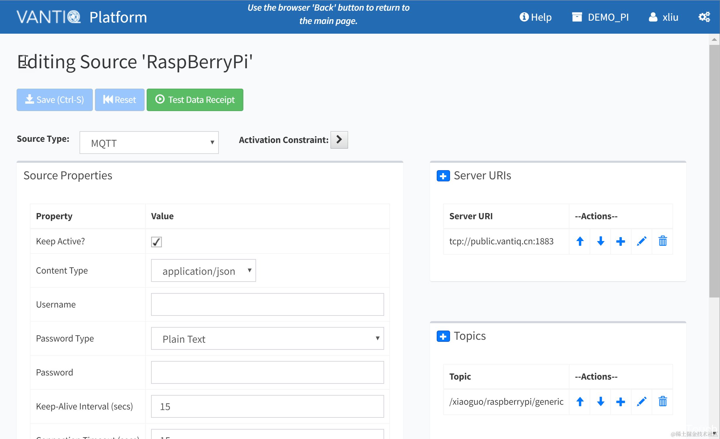 一个典型的在Vantiq平台中定义的MQTT源