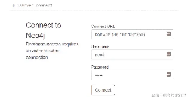 要登录 Neo4j 服务，用户必须在连接 URL 字段中输入 bolt://<external-ip>:7687，将用户名设置为 neo4j，密码设置为 neo4j。然后他们需要点击密码字段下面的连接选项卡。这将帮助他们登录浏览器。