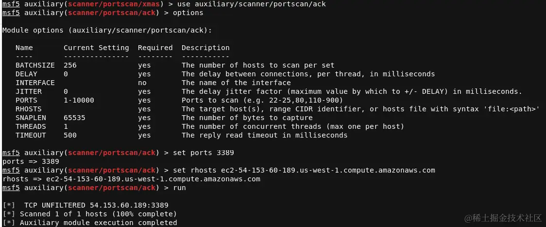 图 3.13 – 使用 Metasploit 进行 ACK 扫描