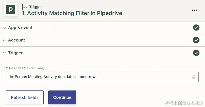 图 21.4 – 使用 Activity Matching Filter 在 Pipedrive 中触发工作流程