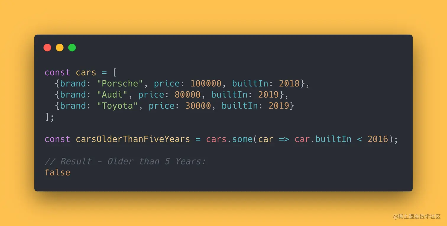 JS code block showing how to use the some method to check if any of the cars is older than 5 years.