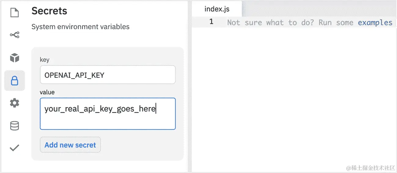图 5.6 - 在 Replit 中添加新的秘密/环境变量    