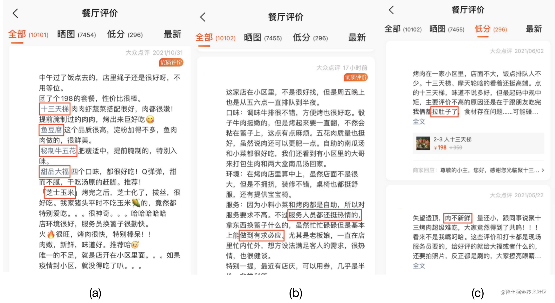 图2 评论示例：(a) 菜品评价，(b) 服务评价，(c) 食安评价